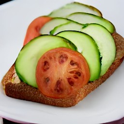 a sandwich with honey mustard dressing, lettuce, cucumbers, tomatoes, onions, and avocados.