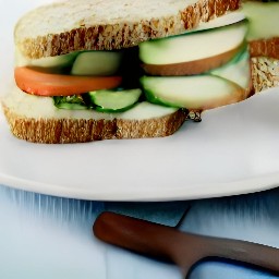 the sandwich is pinned together with a toothpick and placed on a serving plate.