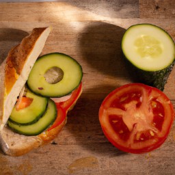 

This delicious eggs-free, nuts-free, soy-free and lactose-free breakfast sandwich is made of fresh whole wheat bread, cucumbers, tomatoes, onions and avocados - a healthy and light start to your day!