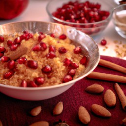 

Sweet couscous is a delicious Middle-Eastern snack or dessert that is eggs-free, soy-free and made with couscous, ground almonds, pistachios, sugar and candy-covered almonds plus pomegranate seeds.