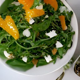 a salad with orange juice, walnut oil, salt, and black pepper dressing, topped with oranges segments, chopped walnut pieces, and crumbled blue cheese.