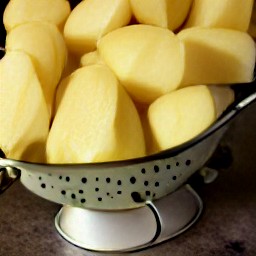 the cooked red potatoes are drained in a colander.