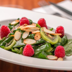 

This delicious vegan and gluten-free raspberry spinach salad is a refreshing no-cook side dish or appetizer made with vegetable oil, spinach, almonds, and sweet raspberries.