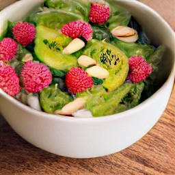 there half of the raspberries in a bowl, with the spinach slices, toasted almonds, kiwi slices, and dressing mixed together.