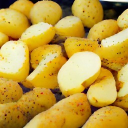 the coated potatoes in a baking tray with olive oil spread over them.