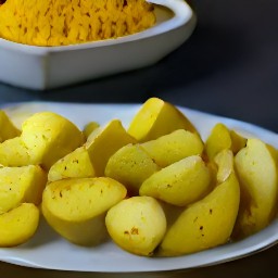 the spiced and roasted potatoes are transferred to a serving plate.