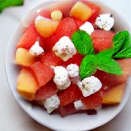 a bowl of cantaloupe, watermelon, spearmint, walnuts, and feta cheese mixed together.