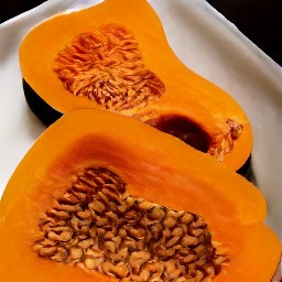 the butternut squash is cut in half lengthwise.