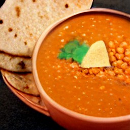 a spicy red lentils soup served with cheese chapati slices.