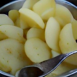 a bowl of potato slices coated in olive oil, salt, and black pepper.