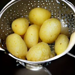 the potatoes are drained of boiling water in a colander.