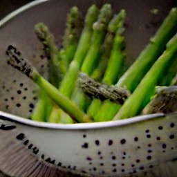 the asparagus is drained in a colander.