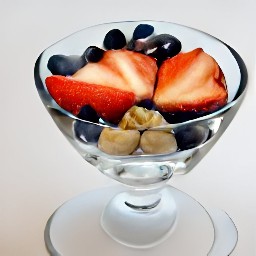 the berries mixture is transferred to an ice-cream glass and topped with toasted almonds.