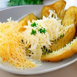 a serving plate with baked potatoes, chopped parsley, and shredded parmesan cheese.