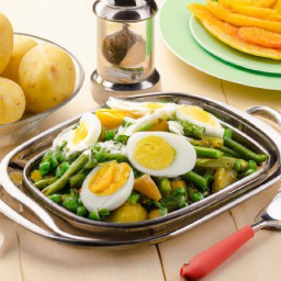 

This delicious gluten-free, nut-free and lactose-free side dish/salad/snack is made of potatoes, frozen peas, eggs and lettuce with a seasoned egg salad dressing flavoured with basil.