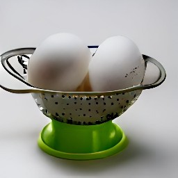 the boiled eggs are rinsed and drained in a colander.