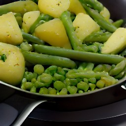 the potatoes, beans, and peas are cooked.