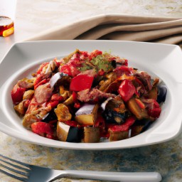 

This vegan, gluten-free, eggs-free, nuts-free and lactose free side dish is a delicious Italian and European combination of roasted red bell peppers, garlic, onions, fennel bulbs eggplants and tomatoes in balsamic and olive oil dressing.