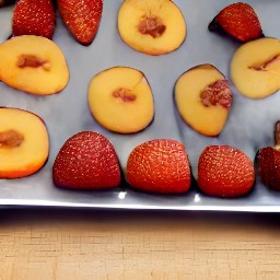 a baking sheet with peach and strawberry slices frozen onto it.