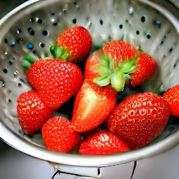 the rinsed strawberries are drained in a colander.