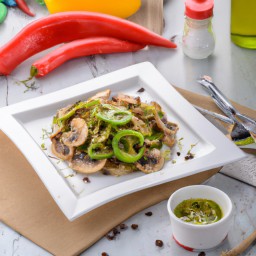 

This vegan, lactose-free, gluten-free, egg-free and soy-free stir fry side dish of onions, portabella mushrooms and green chili peppers with spicy ginger is sure to tantalize your taste buds!