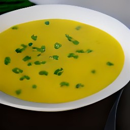 the potato and pea curry soup is transferred to a serving plate.