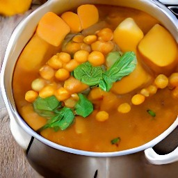 a yam stew with onions, potatoes, garlic, vegetable broth, thyme leaves, and ground cumin.