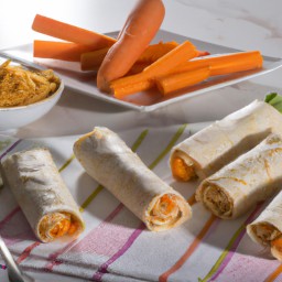 

Vegan, eggs-free, nuts-free and soy-free carrot and hummus rollups make for a delicious European/Middle Eastern snack that is lactose free.