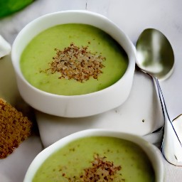 a platter of cheese and greens soup with slices of rye bread.