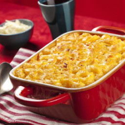 

This delicious baked mac and cheese is a hearty, egg-free, nut-free dinner made from macaroni pasta, skim milk, cheddar cheese and cooking spray.