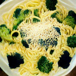 a bowl of pasta with olive oil, shallot slices, chopped garlic, chili flakes, sage leaves strips, and grated parmesan cheese.