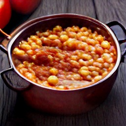 a platter of stewed tomatoes and garbanzo beans.