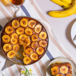 

This delicious soy-free banana upside down cake is made with brown sugar, unsalted butter, walnuts, bananas, all purpose flour and granulated sugar - a perfect tart dessert for baking.