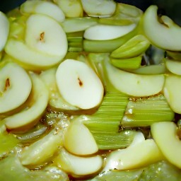a platter with apple slices, fried leeks, salt, and black pepper.