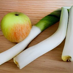 sliced leeks and halved and deseeded apples.