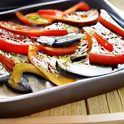 a platter of roasted red bell peppers and eggplants with thyme leaves sprinkled on top.