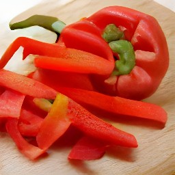 red bell peppers and eggplants that are destalked and cut into strips lengthwise.