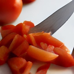 a peeled onion and chopped tomatoes.