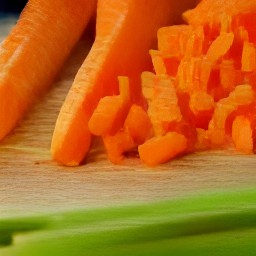 the carrots are cut into halves, then dices. the garlic is peeled and minced. the celery sticks and parsley are chopped.