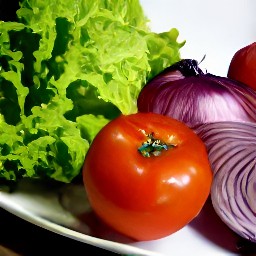 a salad with lettuce, red onion, tomato, and pickle.