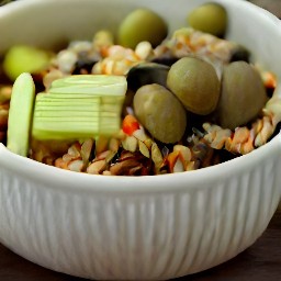 a bowl of olives, onions, almonds, celery, and cheese.