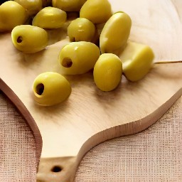 bamboo skewers with pitted green olives on them.