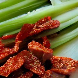 cut the sun-dried tomatoes into small pieces. chop the celery sticks into thin slices. cut the manchego cheese into cubes.