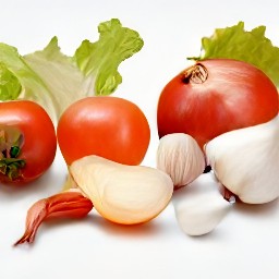 a bowl of shredded lettuce, peeled and chopped garlic, peeled and diced onions, halved and deseeded tomato cubes.
