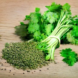 the oregano is cut with scissors, the cilantro is chopped, and the coriander is chopped.