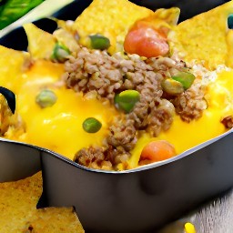 a plate of nachos with beef, tomatoes, green onions, jalapeno peppers, cilantro, salt, and black pepper.