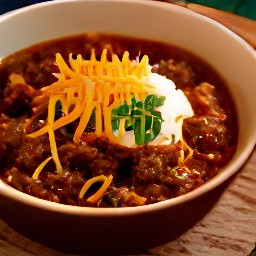 a pot of chili topped with sour cream, cheddar cheese, and chives.