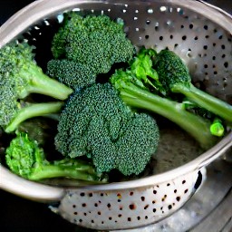 the broccoli is drained in a colander.