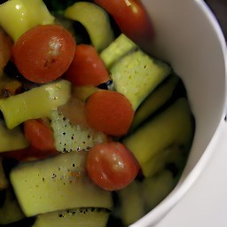a bowl of cherry tomatoes, sliced zucchinis, sliced summer squash, diced bell peppers, and olive oil. the bowl also has a quarter tsp of kosher salt, black pepper, chopped cilantro and