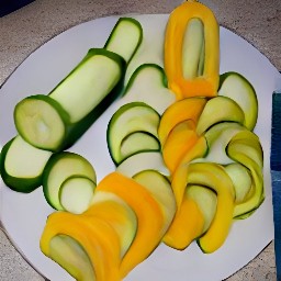 after trimming the zucchinis and cutting them into half-inch slices, cut the summer squash in half lengthwise, remove the seeds, and slice deseeded summer squash into half-inch pieces. trim orange bell peppers
